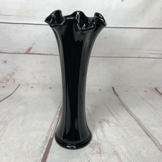 Antique Black Amethyst Glass Vase With Ruffled Crimped Rim 9.  5 " Halloween Decor