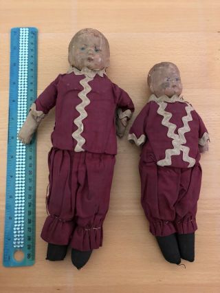 Two Antique Dolls Paper Maiche Heads Cloth Body Repair Craft Home Made Clothes