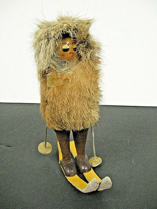 Vintage Poland Rabbit Fur Eskimo Doll On Leather Snow Ski 
