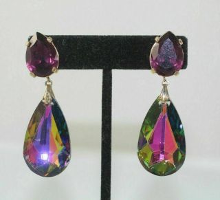 Fab And Rare Vintage Ciner Large Crystal Teardrop Clip - On Earrings Iridescent