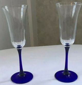 2 Elegant Glass Champagne Flutes - Deep Blue Stem 8 5/8 " Glasses Cobalt