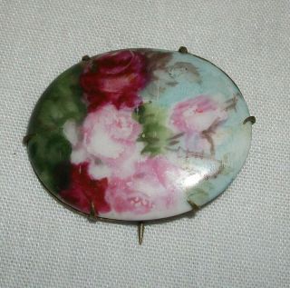 Antique Oval Floral Painted Porcelain Pin Brooch Vintage