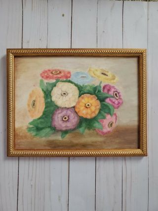 Vintage Floral Still Life Hand Painted Oil On Board 10 " X 13 " Rustic Painting