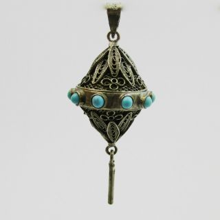 Lovely Antique Style Solid Silver & Torquoise Set Filigree Pendant.