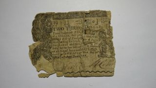 1770 $2/3 Annapolis Maryland Md Colonial Currency Note Bill Rare Note Usa