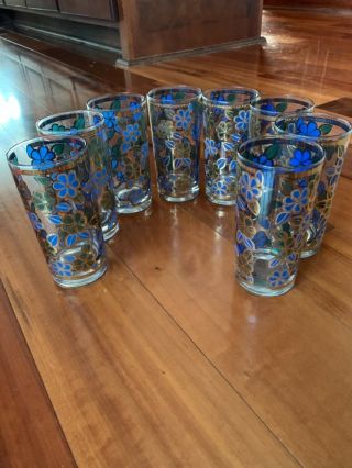Rare Htf Vintage Culvers Blue Gold Collins High Ball Glasses Set Of 8