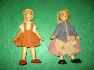 Vintage Poland Jointed Wood Girl Dolls Painted Set Of Two 7 Inch Dresses Polish