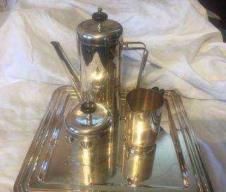 Silver Plate Coffee/Tea 4 Pc Set,  Pot 6 1/2” Sugar 2 1/4” Creamer 3 1/2” Tray 11 2