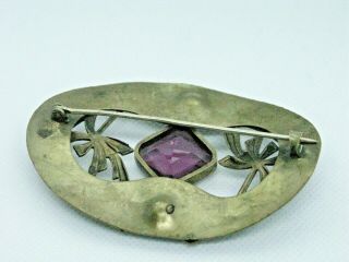 Sunning Large Antique Art Nouveau Amethyst Glass Pressed Brass Pin Brooch 2