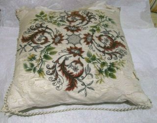 Antique/vintage Hand Embroidered & Beaded Cushion On Silk A/f