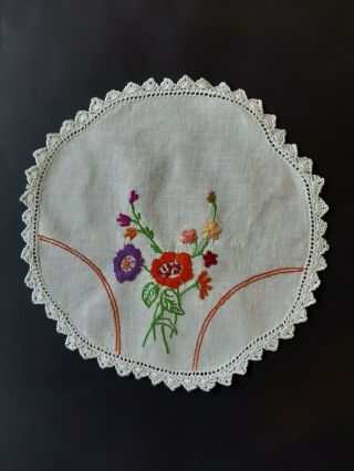 Vintage White Round Doily With Hand Embroidered Red And Purple Flowers.