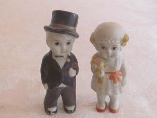 Antique Bisque Penny Doll Frozen Charlotte Charlie Pair Bride & Groom 4 3/4 " Nr