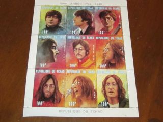 John Lennon Stamps Portraits Plate Block Of 9 Chad Rare