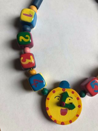 Rare Vintage Sevi Kids Wooden Beaded Clockface Necklace with Moving Hands 2