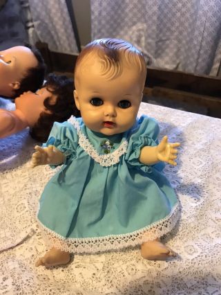 Vintage Sun Rubber 12” Baby Doll In Blue Dress Molded Hair Sleep Eyes