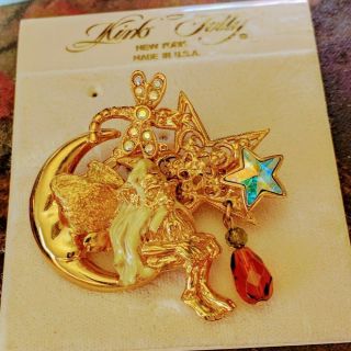 Rare Retired Kirks Folly Gnome Sitting On Moon Brooch/pin Gold Tone