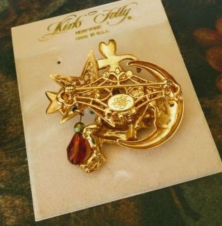 RARE RETIRED KIRKS FOLLY GNOME SITTING ON MOON BROOCH/PIN GOLD TONE 2
