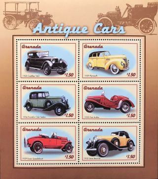 Grenada Antique Cars Stamp Sheet 2000 Mnh Cadillac Stutz Bearcat Plymouth Fiat