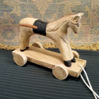 Solid Wood Pull Toy Horse Antique Look Hand Carved/painted In Thailand 10 "