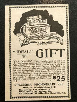 Antique 1897 Columbia Phonograph Co.  Ideal Gift $25 Graphophone Pic Vtg Print Ad