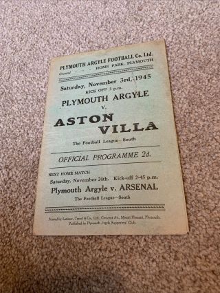Plymouth Argyle V Aston Villa 3/11/1945.  Very Rare War League South