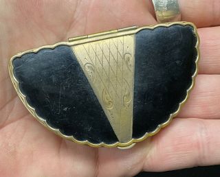 Vintage Art Deco Guilloche Black Enamel Compact Purse 2 Tone Gold Antique Powder