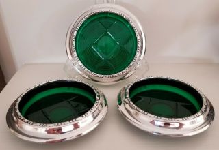 Set Of 3 Amston Sterling Silver And Green Glass Coasters