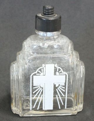Glass Holy Water Bottle White Stencil Cross Label Antique Vintage Art Deco 1 Cap