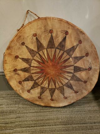 Rare Native American Antiq.  Double Sided Deerskin Drum Medicine Wheel Shaman