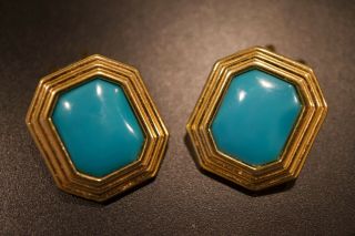 Vintage Christian Dior Gold Tone Faux Turquoise Clip On Back Earrings Rare