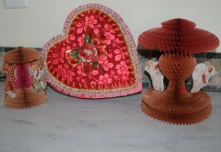 2 Antique Honeycomb Valentines Beistle,  Vintage Red Heart Lace Satin Candy Box