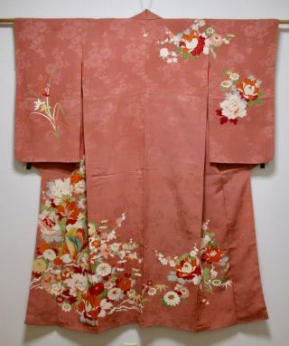 Japanese Kimono Silk Antique Houmongi / Bird & Folwer / Embroidery / Vintage