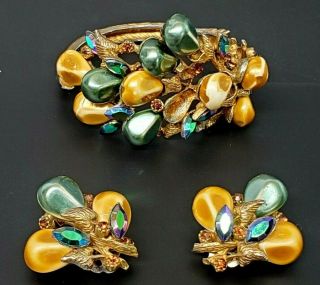 Ultra Rare Vintage Signed Har Jeweled Large Clamper Bracelet & Earring Set A59