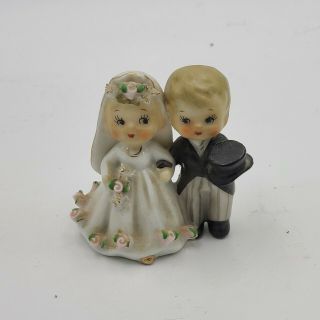 Vintage Bride & Groom Ceramic Figurine Cake Bell Topper 1950s 60s