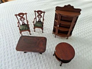 5 Pc Miniature Doll House Furniture 2 Tables 2 Upholstered Chairs China Cabinet