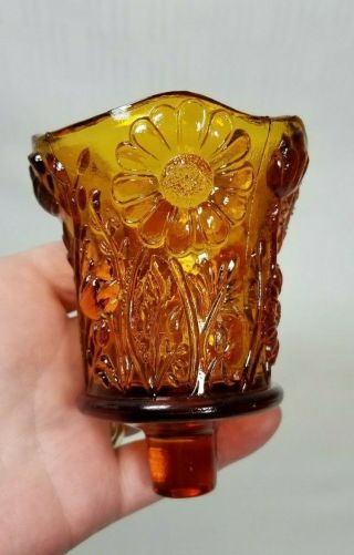 Vintage Amber Glass Votive Candle Holder With Peg Embossed Flower Design
