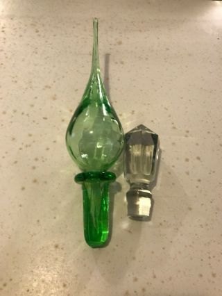 Antique Vintage Green 9 " Blown Glass Decanter Bottle Stopper & Clear Cut Glass