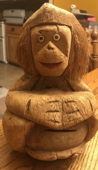 Rare Antique Folk Art Carved Coconut Head 11 Inch Tall Monkey