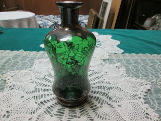 Vintage Emerald Green Glass Bottle Or Vase With Silver Overlay