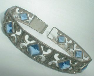 Vintage 1940s Art Deco Antique Bracelet Sapphire Blue Glass Hematite Silver Link
