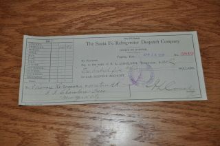 Rare 1907 Railroad Bank Check The Santa Fe Refrigerator Despatch Company Topeka