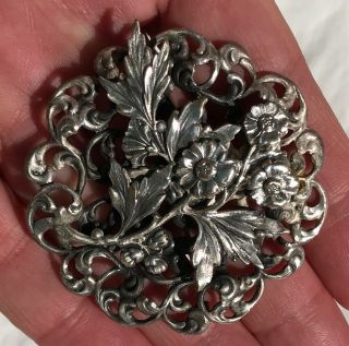 Antique Vintage Silver Tone Metal Floral Flower Pin Brooch C Clasp Large Pretty