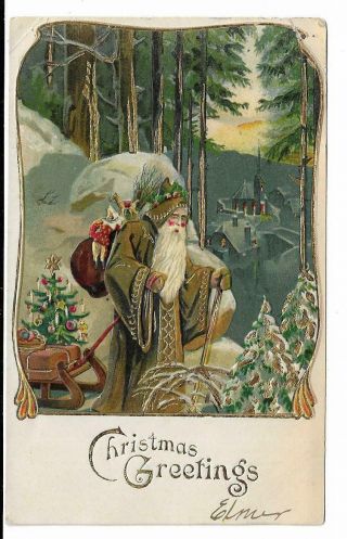 Antique Embossed Christmas Postcard Santa Claus,  Olive Green And Gold Coat
