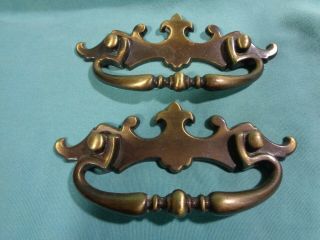 Two Vtg Amerock 152 Drawer Cabinet Pull Handle French Lily Aged Brass / Zinc