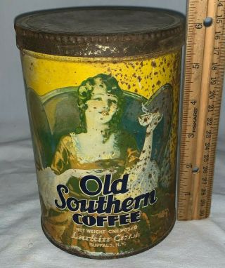 Antique Old Southern Coffee Tin Litho 1lb Tall Can Belle Lady Buffalo Ny Grocery