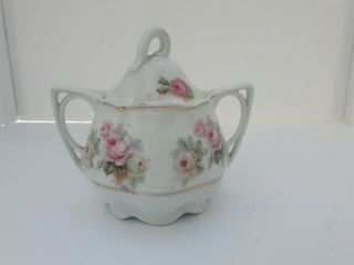 Antique Covered Porcelain Sugar Bowl Pink Roses Gold Germany Cc