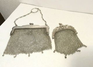 Rare Antique Silver Chainmail Purse & Coin Purse Inside Chatelaine Loop 1908 81g