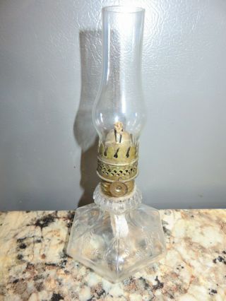 Vintage Miniature Oil Lamp Clear Glass Eapg W/ Chimney P&a Acorn Burner