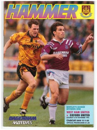 West Ham United V Oxford United Rare Official Match Day Programme 21.  11.  92