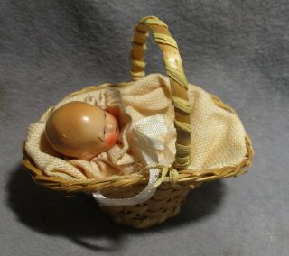Vintage Dollhouse Miniature Bisque Baby Doll - 2 " Baby In A Basket - Germany